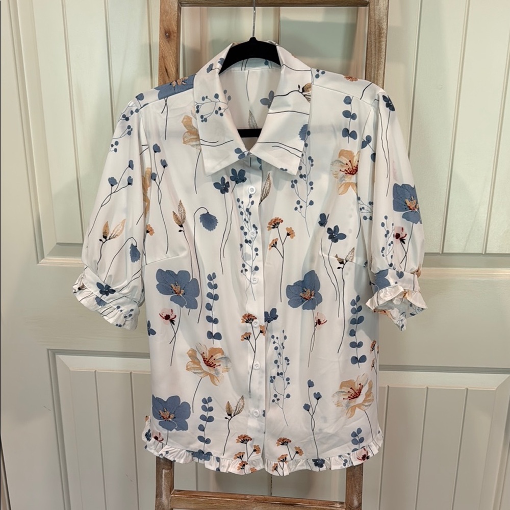 SHEIN White and Cream Button Down Shirt with Notched Collar